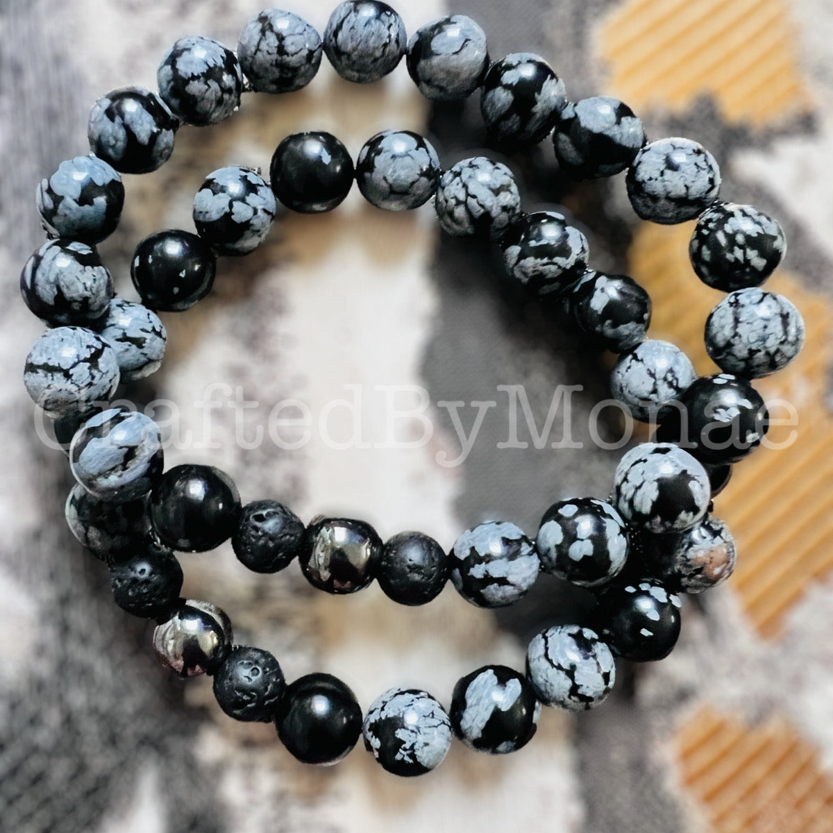 Snowflake Obsidian with Dark Chrome & Lava Stone Accents Energy Beads