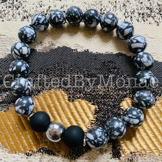 Howlite White and Black Stone/Chrome Accents Energy Beads