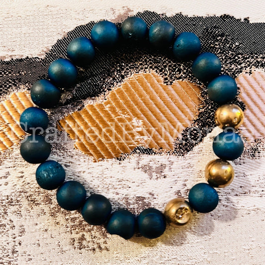 Blue Druzy Agate with Gold Energy Beads