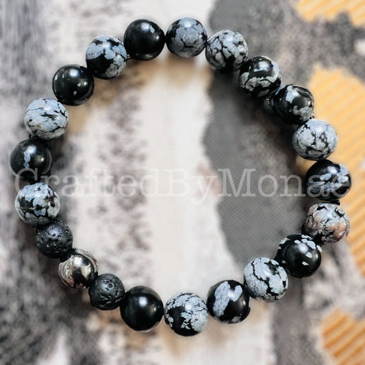Snowflake Obsidian with Dark Chrome & Lava Stone Accents Energy Beads