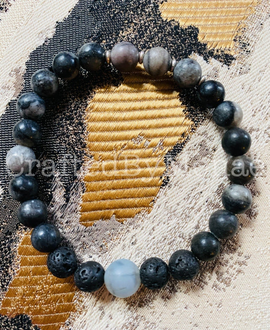 Black Picasso Jasper with Rutilated Agate and Lava Stone Accents Energy Beads