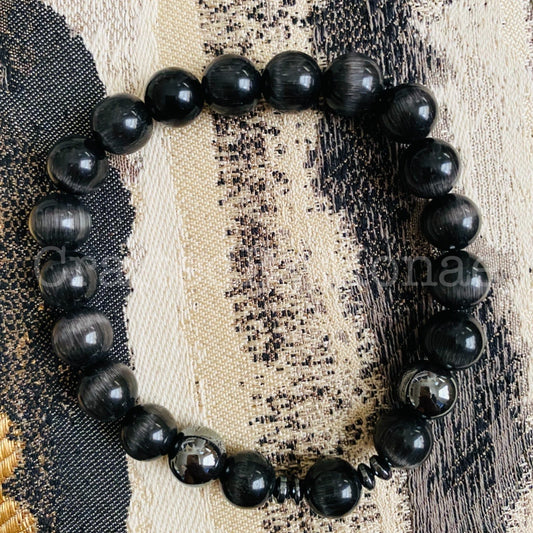 Black Cat’s Eye and Gunmetal Accent Energy Beads