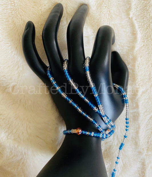 Clear Blue with Orange Accents Vibes Waistbeads