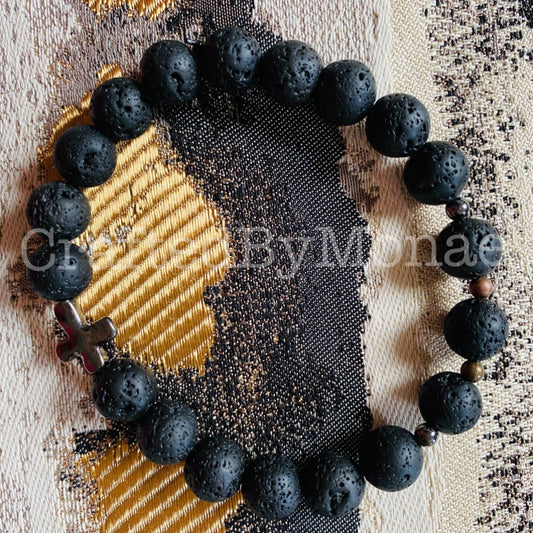 Black Lava Stone with Metal Cross Energy Beads