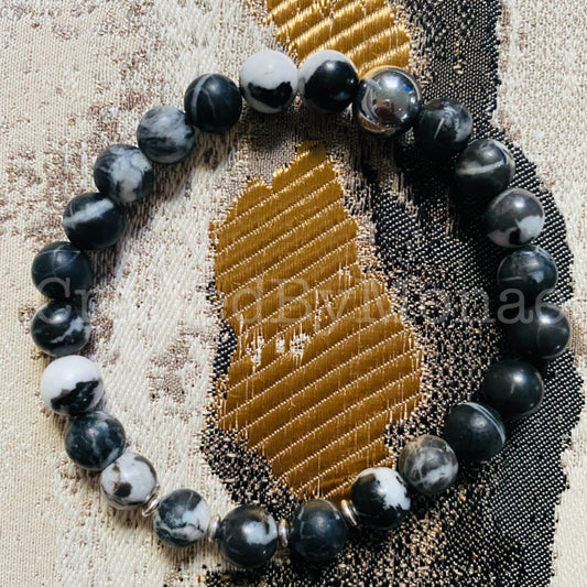 Zebra Stone with Silver Accents Energy Beads